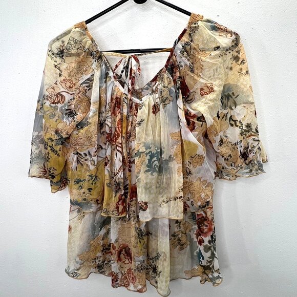 Wet Seal Blouse Top M Floral Semi Sheer Tiered Crochet Rhinestones Mustard Tan - Picture 5 of 6